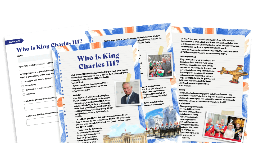 image of Who is King Charles III? KS2 comprehension text and worksheets