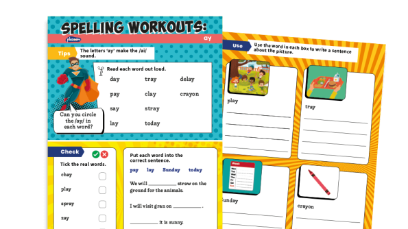 Image of Year 1 ‘ay’ making /ai/ sound (day, play etc): KS1 Spelling Worksheets